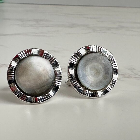 Vintage Swank 1950s Silver & Grey Mother Of Pearl Cufflinks With Ribbed Edge Des - Picture 9 of 9